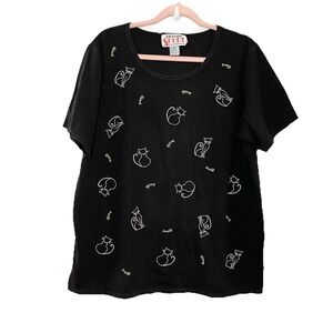 Vintage Richard Sport Cat Lady Embroidered T-Shirt Bling Rhinestone Black Fish